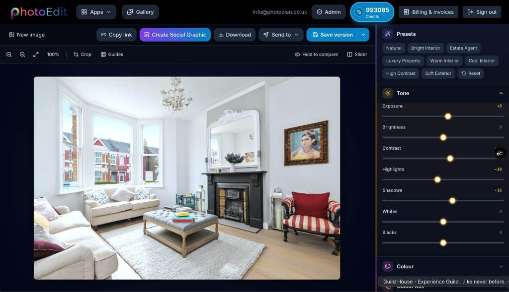 A bright living room being edited in PhotoEdit Studio with tone and preset controls