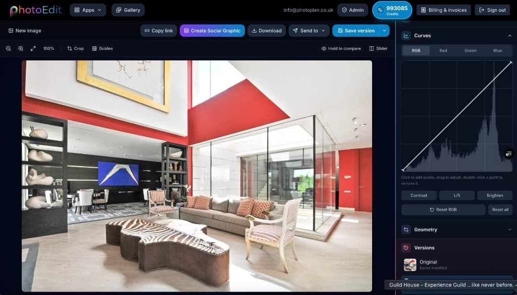The PhotoEdit Studio editor with a property photo open, showing crop, curves and adjustment tools