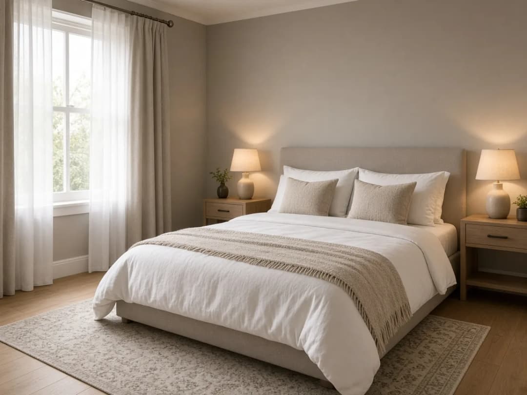 The same bedroom with warmer, cleaner tones after editing
