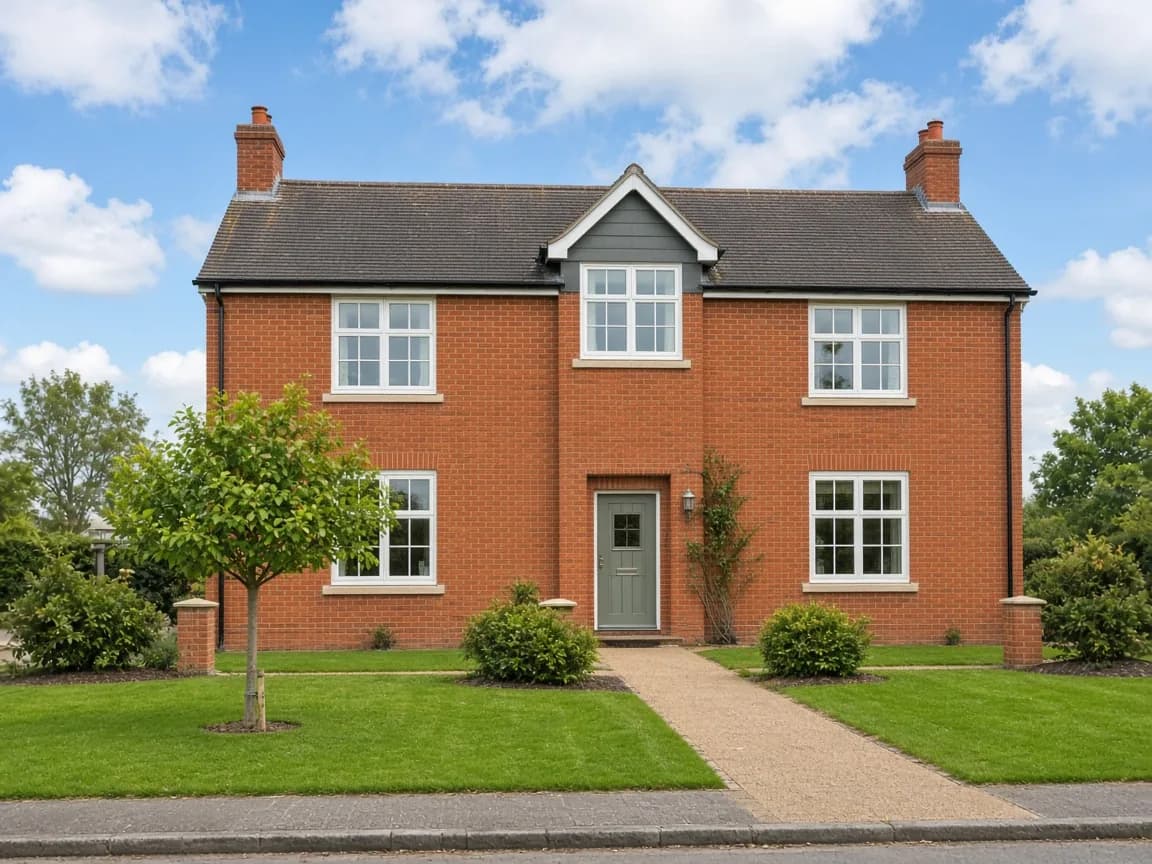A brick house exterior photographed under a blue sky with light cloud