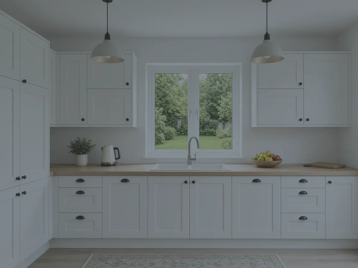 A flat, underexposed kitchen photo before editing