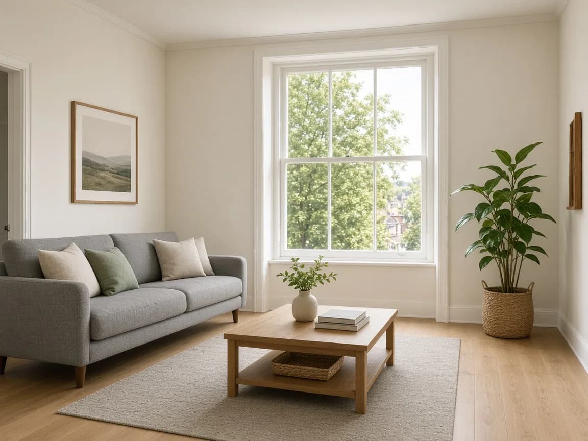 A bright living room with a grey sofa, oak coffee table and a large sash window
