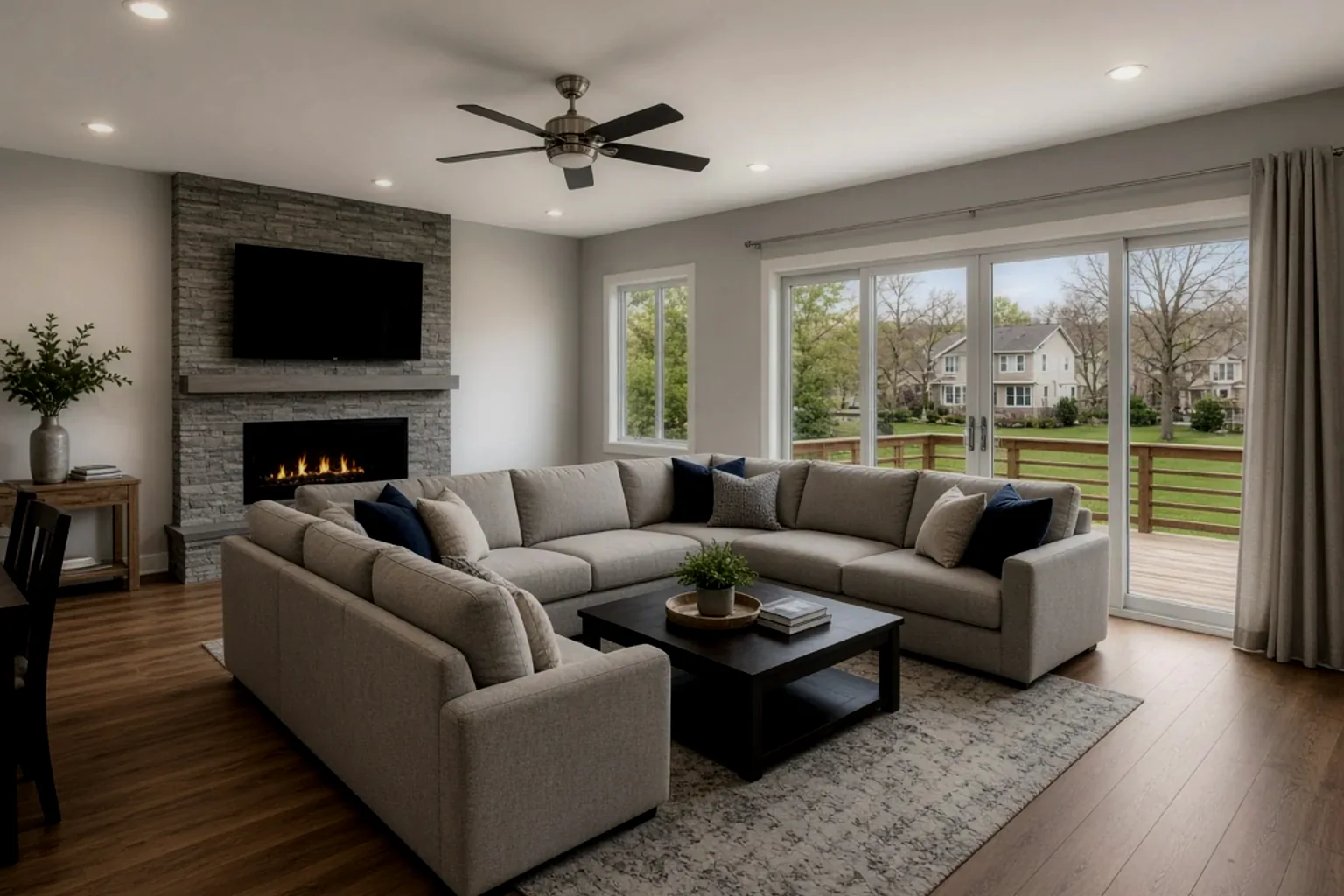 Single exposure of a living room, holding the garden view but leaving the interior in shadow