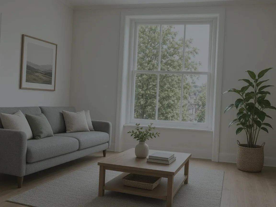A living room with a sofa and large window, shown darker before a light adjustment